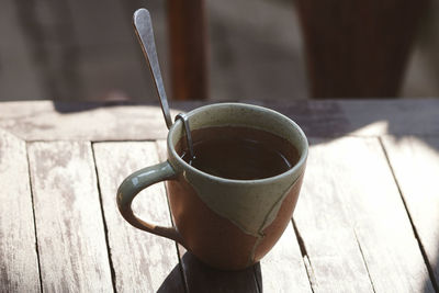 High angle view of coffee cup on table