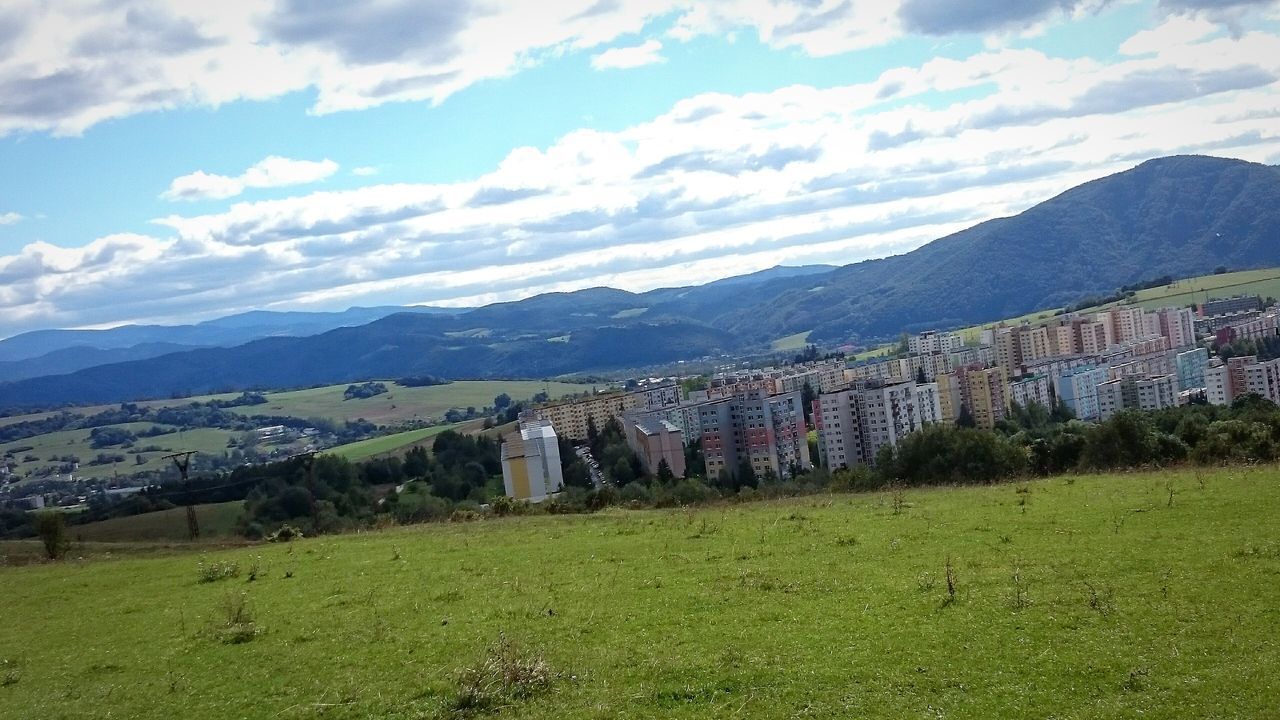 BUILDINGS ON FIELD AGAINST SKY