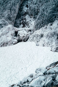 Snow covered rocks on land