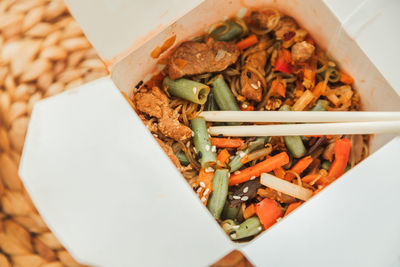 High angle view of meal served on table