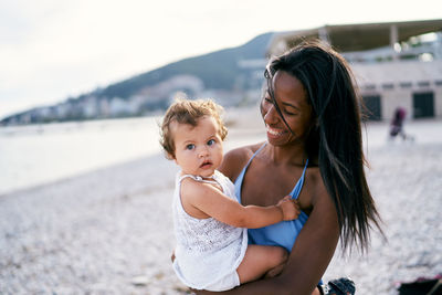 Mother and son at beach