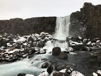 Scenic view of waterfall against clear sky