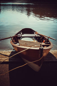 High angle view of boat moored at lake