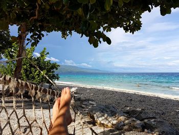 Low section of person in hammock at beach