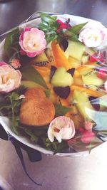 High angle view of chopped vegetables in bowl