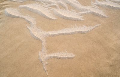 High angle view of heart shape on sand at beach