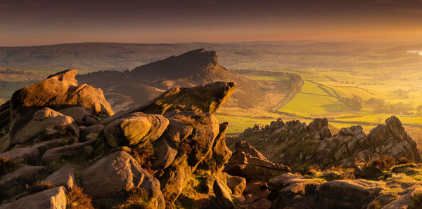 Scenic view of mountains against sky during sunset