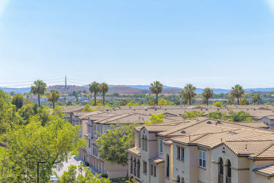 High angle view of townscape against clear sky