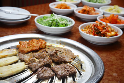 High angle view of food served on table