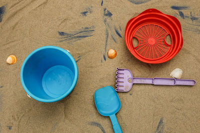 High angle view of objects on sand