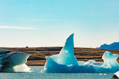 Panoramic shot of glacier on land against clear sky