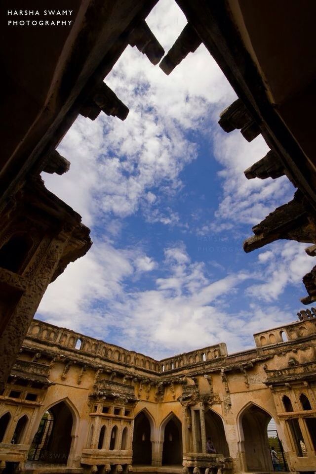 architecture, low angle view, built structure, sky, building exterior, arch, architectural column, history, column, window, cloud - sky, indoors, cloud, day, building, old, no people, historic, cloudy