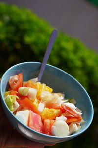 High angle view of fruits in bowl on table