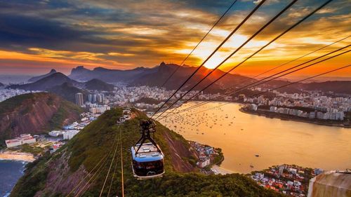 Overhead cable car over cityscape during sunset