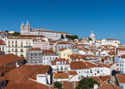 Buildings in city against blue sky