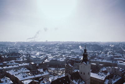 High angle view of townscape against sky during winter