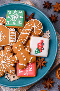 High angle view of christmas cookies on table