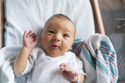 Newborn baby boy in hospital bassinet on pink and blue blanket