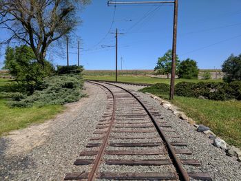 Railway tracks by trees against clear sky