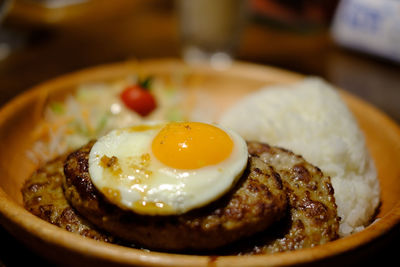 Close-up of hamburger steak served in plate