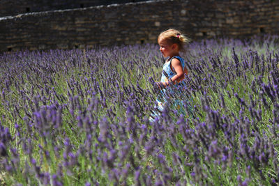 Child running in lavender field