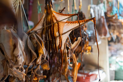 Dried fish tied into several bundles for sale, hanging from above, in a local market in sabah.