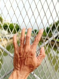 Cropped image of woman standing on chainlink fence