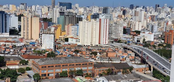 High angle view of modern buildings in city