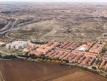 High angle view of road amidst buildings in city