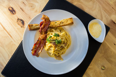 High angle view of breakfast served on table