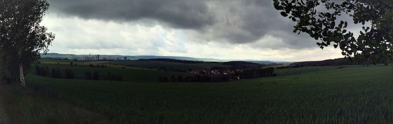 Scenic view of field against cloudy sky