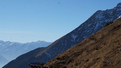 Scenic view of snowcapped mountains against clear blue sky