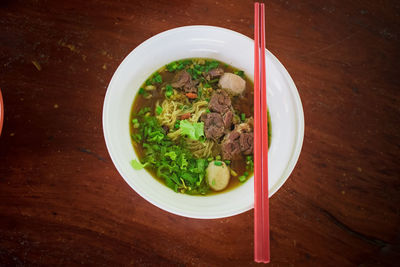 High angle view of soup in bowl