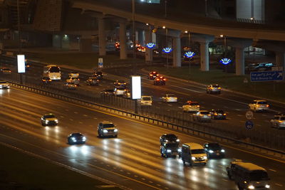 High angle view of traffic on road at night