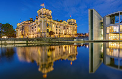 The reichstag and part of the paul-loebe-haus at the river spree in berlin at dawn