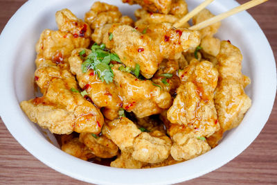 High angle view of food in plate on table