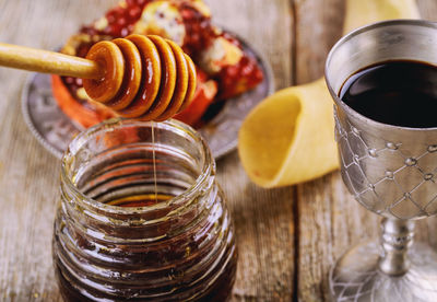 Close-up of beer glass on table