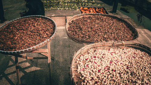 High angle view of candies for sale at market stall