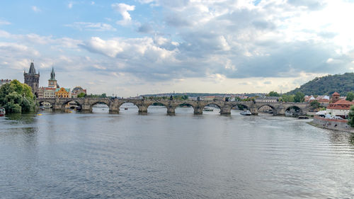 Bridge over river against cloudy sky