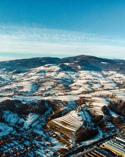 Mountain with sunny snowy fields and forest