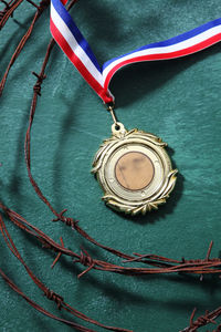 High angle view of clock on metal