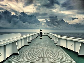 Rear view of man by sea against sky