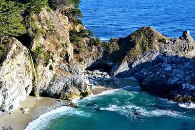 High angle view of rock formations by sea at coastline