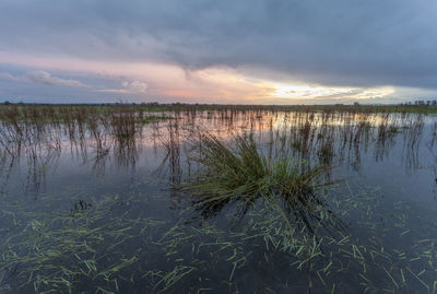 Scenic view of lake against sky at sunset
