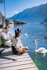 Swan sitting on lake by mountains