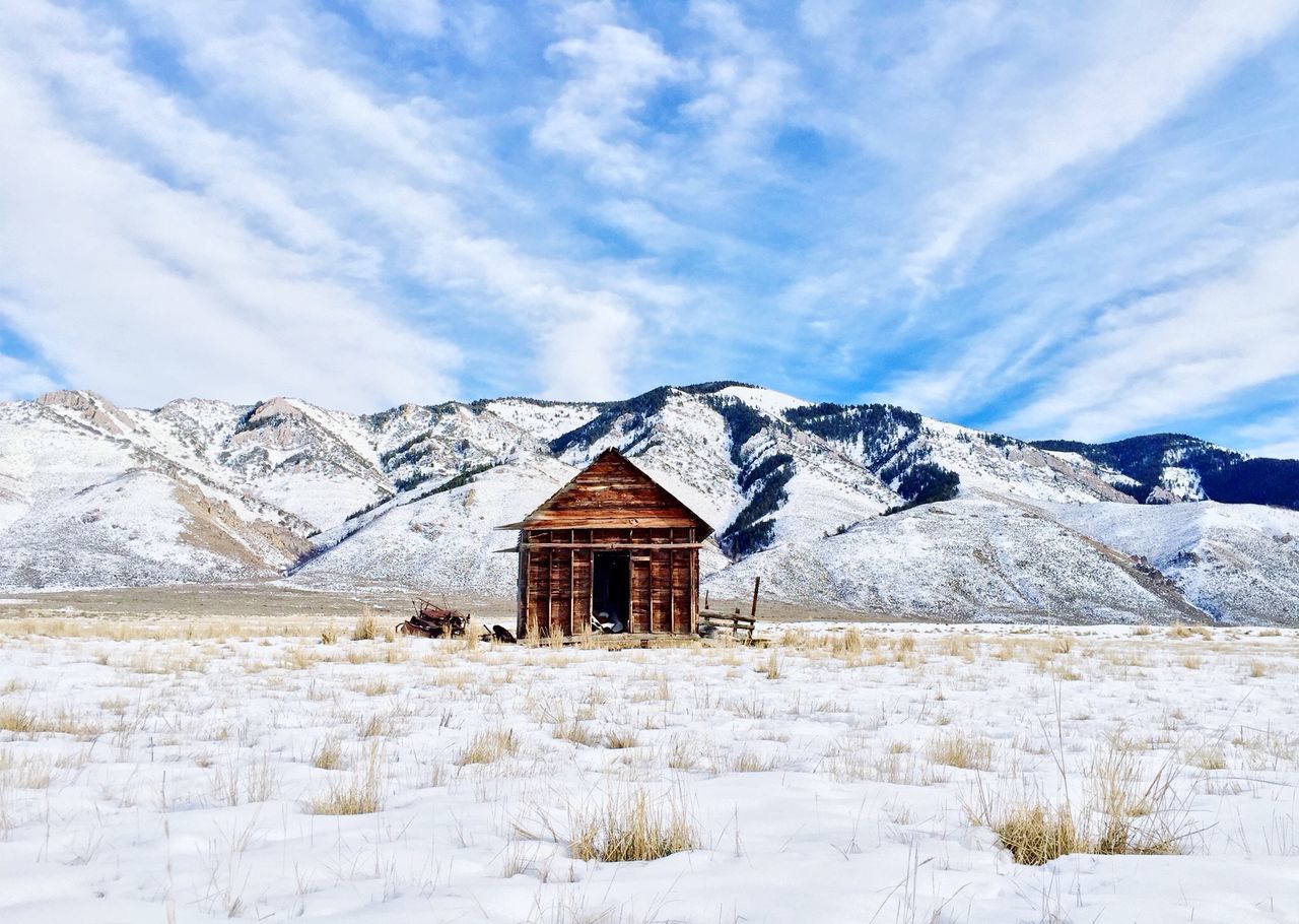 snow, winter, cold temperature, mountain, season, weather, built structure, architecture, building exterior, house, sky, covering, landscape, snowcapped mountain, mountain range, tranquility, tranquil scene, white color, nature, beauty in nature