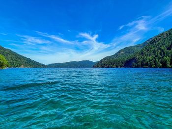 Scenic view of lake against blue sky