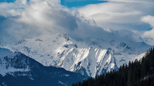 Panoramic view of snowcapped mountains against sky