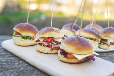 Close-up of burger on cutting board