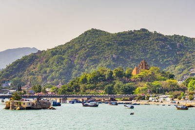 Panoramic view of boats in bay